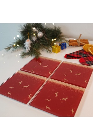 Decorita Cam Bardak Altlığı YeniYıl Kırmızı 5'li Geyik 4'lü Takım Kırmızı