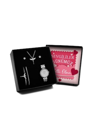 Sevgililer Gününe Özel Tasarım Kutulu Melek Kolye & Melek Bileklik & Zirkon Taşlı Bileklik & Küpe & Saat Seti Çok Renkli