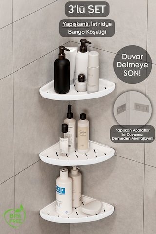 3 Adet Yapışkanlı Banyo Düzenleyici Duş Rafı - Şampuanlık Sabunluk Banyo Köşeliği Köşe Rafı Beyaz Beyaz