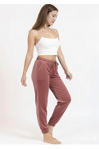 Kadın Soft Cepli Fransız Kadife Tek Alt Pijama Gülkurusu