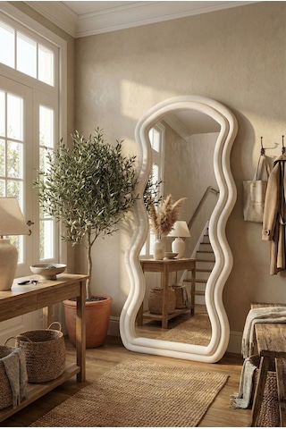 Ayaklı Kumaşlı Boy Aynası - Modern Dalgalı Tasarım Büyük Boy Ayna 182x87 Cm Bej
