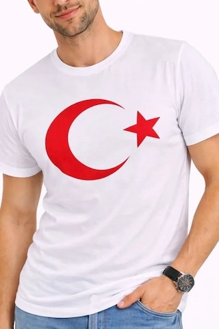 Vexor Erkek T-shirt Kısa Kol Bisiklet Yaka Ay Yıldız Bayrak Baskılı Tişört - Beyaz