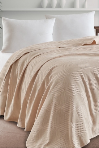 Battal Boy %100 Pamuk Pike Örtü 230x240cm Karo Desenli Bej Weave Serisi Bej
