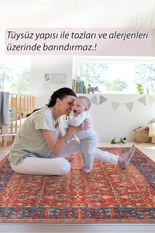 Foldy Vintage Desenli Dokuma Taban Dekoratif Kırmızı Halı Fl 20