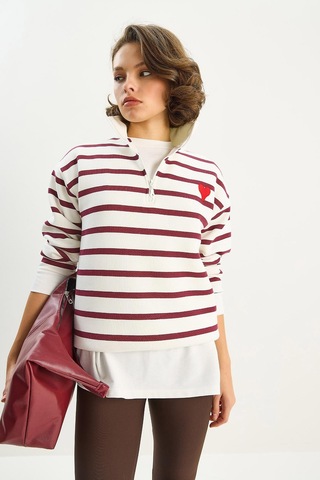 Shade Kadın Kalp Nakışlı Dik Yaka Yarım Fermuarlı Çizgili Sweatshirt 6089 60283714 - Beyaz-bordo Çok Renkli