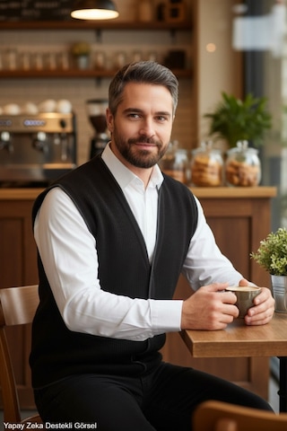 Kamalı Siyah Erkek V Yaka Triko Düğmeli Cepli Çizgi Desenli Regular Fit Tüylenmeyen Örgü Yelek Siyah