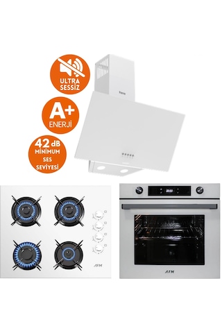 Afm Tech & Ferre FM7701 + FM2201 + D087-SA Alfa Sessiz Turbo Dijital Beyaz Ankastre Set