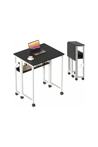 Sidney Kitaplık Raflı Katlanır Masa 70cm Tekerli Bilgisayar Masası Laptop Masası Beyaz-siyah Beyaz - Siyah