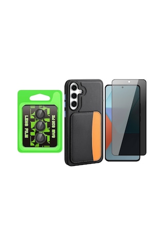Vendas Galaxy Uyumlu  S25 Fe Kılıf Kartlıklı Zore X-kart Silikon Kapak + Kamera Lens+ Hayalet Ekran Koruyucu Siyah