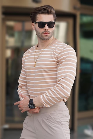 Madmext Camel Bisiklet Yaka Çizgili Kazak 7241 Camel