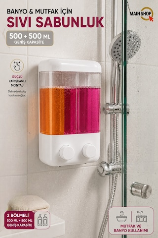 Mainshop Adet 2 Bölmeli Duşakabin Delme Gerektirmez Şeffaf Hazneli Basmalı Kullanım Sabunluk 1000 Ml M-55 Beyaz