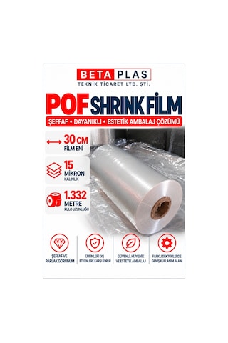 Betaplas POF(POLYOLEFİN) Shrink Film 30 cm x 15 Mikron- 1.332 Metre-Çift Katlı