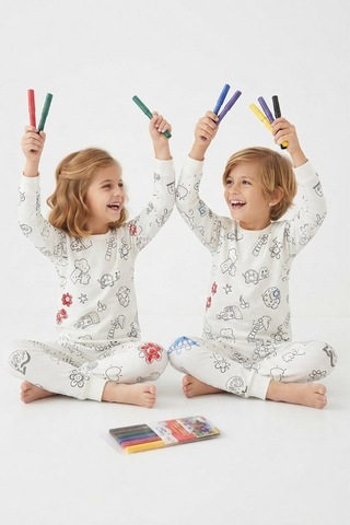 Noble Kids Çocuk Yeniden Boyanabilir Pijama Takımı Ve 6'lı Boya Kalem Seti Beyaz