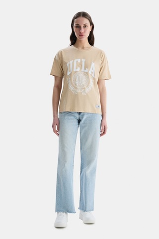 Ucla Avalon Kahve Bisiklet Yaka Baskılı Oversize Kadın Tshirt Kahve