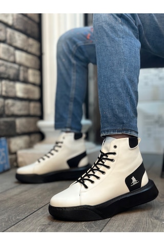 Ba0155 Bağcıklı Erkek Yüksek Taban Beyaz Siyah Taban Spor Bot Beyaz