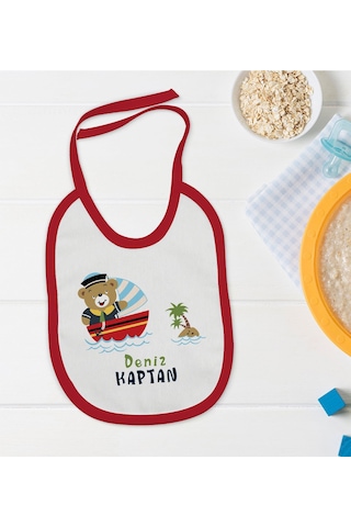 BK Kids Kişiye Özel Sevimli Kaptan Tasarımlı Kırmızı Bebek Mama Ö Kırmızı