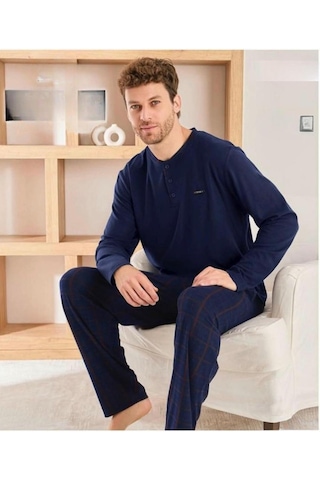 Pijamoni Erkek Düğme Yaka Kışlık Mikrosoft Likralı Pijama Takımı 6410/4 - 1 Adet Lacivert
