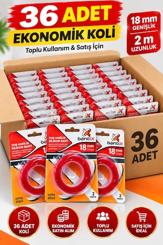 Şeffaf Çift Taraflı Bant 18 Mm X 2 Metre 36 Adet Koli Vhb Akrilik Silikon Güçlü Yapışkanlı Montaj Ba