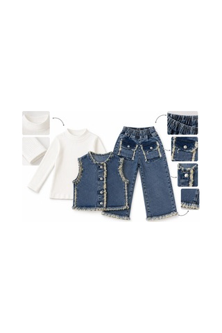 Lolliboomkids Unisex Kot Yelek Pantolon,triko Bluz 3 Parçalı Takım - 3-4 Yaş Denim