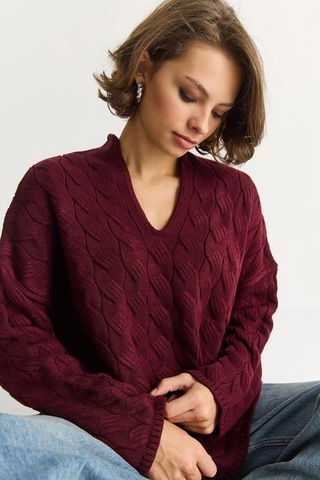 Shade Kadın Oval Yaka Saç Örgü Oversize Triko Kazak Tk241277 60284091 - Bordo