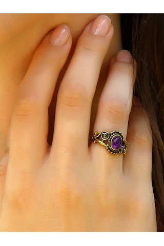 Doğal Taş Ametist Doğal Taşlı Antik İşlemeli Ayarlanabilir Kadın Yüzük Euy36at Mor