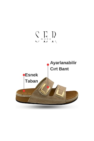 Sermoda Kadın Terlik - Cırtlı Bantlı Rahat Kalın Tabanlı Deri Etnik Desen Kadın Terlik Krem