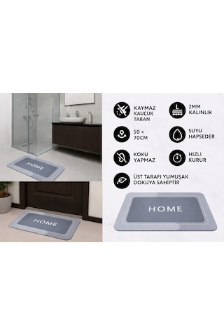 Nobera Kaymaz Tabanlı Süper Emici Paspas - Banyo Paspası 50x70 Cm Gri Açık Gri - Antrasit