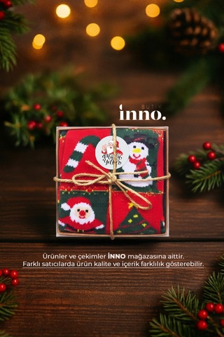 Inno Yılbaşı Desenli Noel Babalı Kraft Kutulu Çorap Tekli Yeşil