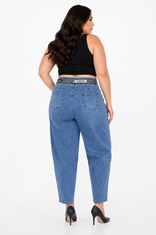 Zanessi Fashıon Büyük Beden Denim Kemerli Yüksek Bel Mom Kadın Pantolon Mavi