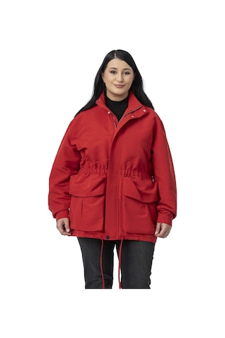 Büyük Beden Çıtçıt Ve Fermuar Kapamalı Beli Büzgülü Astarlı Kırmızı Trençkot Kırmızı