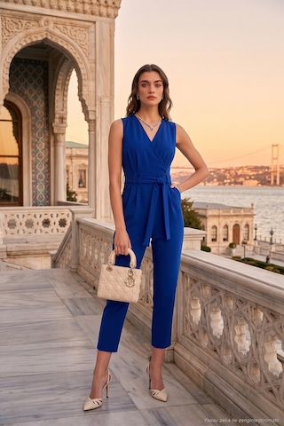 Lela Slim Fit Düz Paça Kruvaze Yaka Kemerli Bayan Tulum 6783626 Saks