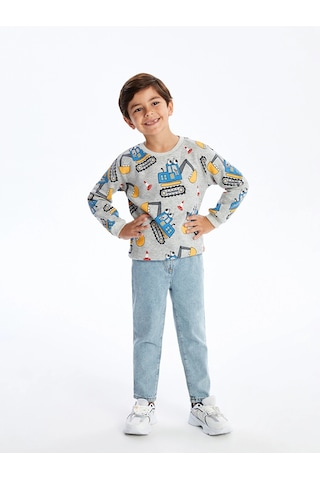 LC Waikiki Lcw Baby Bisiklet Yaka Uzun Kollu Baskılı Erkek Bebek Sweatshirt Gri
