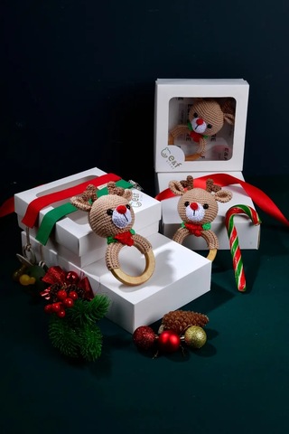 E&f Store Amigurumi Geyik Çıngırak Ve Emzik Askısı Yılbaşı Seti Çok Renkli