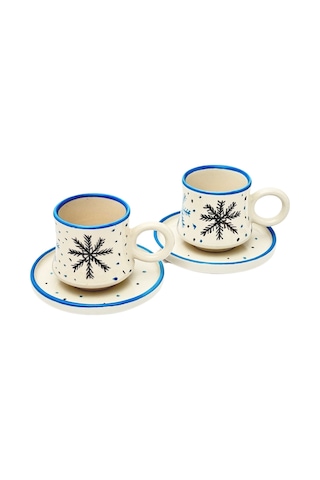 2 Li Takım Kar Tanesi Desenli, El Yapımı Kazan Seramik Kahve Fincanı, Kahve Fincanı, Hand Made Beyaz