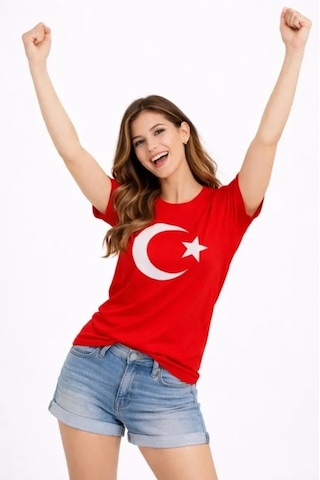Valensdesign T-shirt Kısa Kol Bisiklet Yaka Ay Yıldız Bayrak Baskılı Tişört - Kırmızı