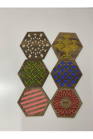 6'lı Büyük Boy Renkli Ahşap Tencere, Tava, Çaydanlık Altlığı