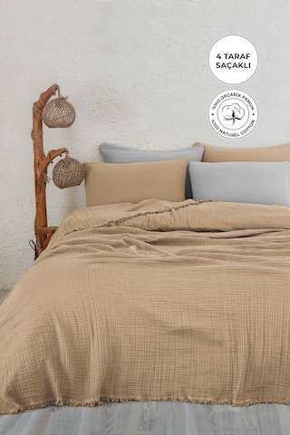 %100 Pamuk Müslin Yatak Örtüsü Tek Kişilik 4 Katlı Battaniye 2 Parça Müslin Pike Seti Bej Bej