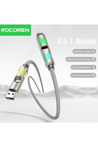 Rocoren 240w 4'ü 1 Arada Type-c / Usb-a / Lightning Gri Silikon Şarj Ve Data Kablosu 1.2 Metre