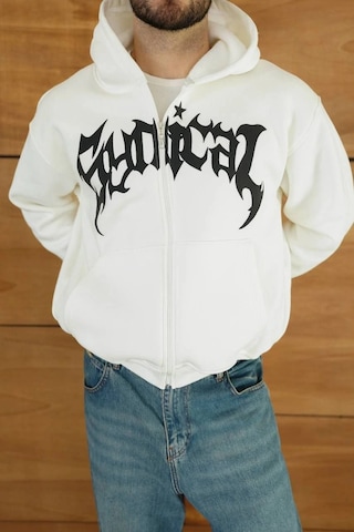 Novalisse Erkek Kapüşonlu 3 İplik Şardonlu Önü Baskılı Fermuarlı Oversize Sweatshirt - Beyaz Çoklu Renk