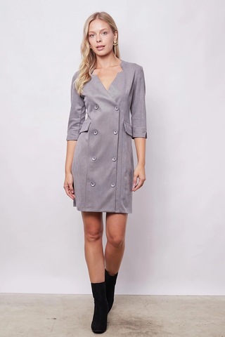 Kadın Kadife Likralı Yumuşak Dokulu Kruvaze Kapri Truvakar Kol Kolu Yırtmaçlı Ofis Ceket Elbise-gri Gri