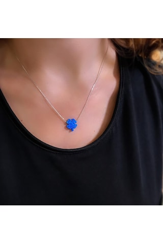 Stela Opal Yonca Gümüş Kolye Mavi
