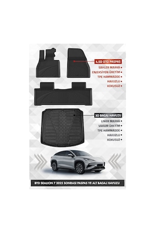 Byd Sealion 7 2025 Ve Sonrası Uyumlu 4.5d Premium Havuzlu Oto Paspas Ve Lıner Alt Bagaj Havuzu Set