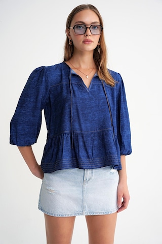 Mixray 4704 Kadın Fırfırlı Balon Kol Kısa Denim Bluz Lacivert