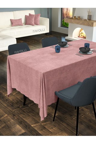 Kadife Dokulu Açık Pembe Renk Masa Örtüsü Açık Pembe