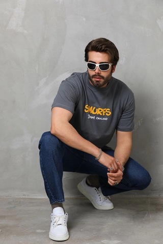Novalisse Erkek Kısa Kol Yazlık Tişört Bisiklet Yaka Baskılı Oversize T-shirt - Füme Çoklu Renk