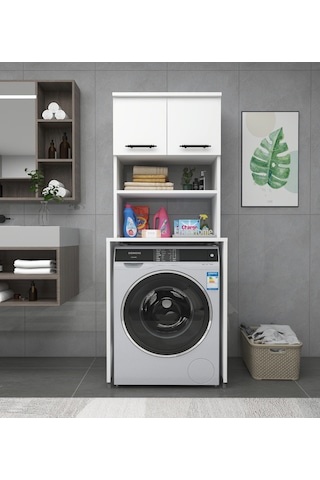 Enda Home 3 Raflı Kapaklı Çamaşır Makinesi Banyo Dolabı Beyaz