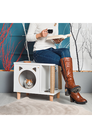 Tahta Karınca Minimalist Mobilya Kedi Evi Mama Kabı Tırmalama Halatlı