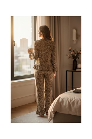I-moda Kadın Uzun Kollu Leopar Desenli Fiyonklu Ev Giyim Pijama Takımı
