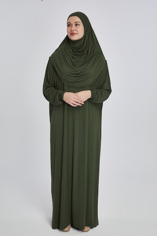 Pratik Başörtülü Rahat Giyilebilen Organik Tek Parça Namaz Elbisesi Haki