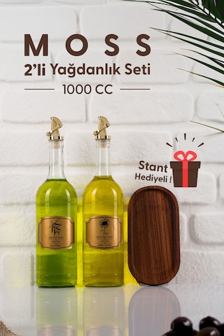 Moss 2'li Ahşap Stantlı Damlatmaz Zeytinyağı Sıvıyağ Şişesi Cam Yağdanlık Seti 1000 Ml 1000ml